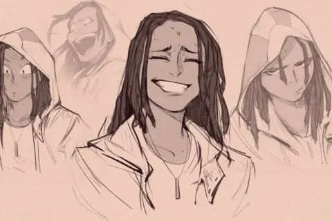 Un dessin facile de personnages montrant quatre expressions d'une personne aux dreadlocks, passant de la surprise à la joie intense, puis à la tristesse.