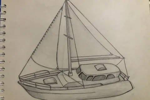 Un dessin au crayon d'un voilier avec ses voiles gonflées par le vent, prêt à naviguer.