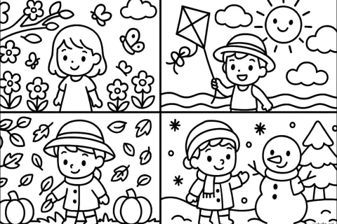 Un dessin 4 saisons facile : une fille au printemps, un garçon en été avec un cerf-volant, un autre garçon en automne avec des feuilles, et un dernier en hiver avec un bonhomme de neige.