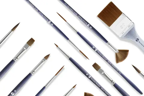 Un assortiment de pinceaux de différentes tailles et formes, dont un pinceau à lavis, pour des créations artistiques.