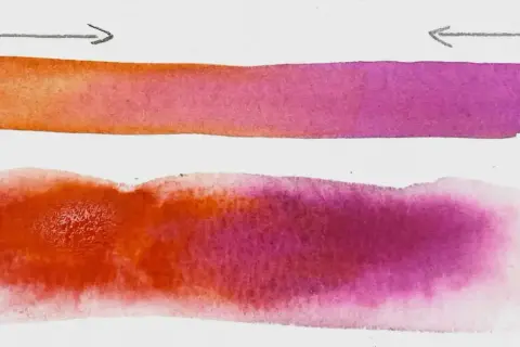 Deux bandes d'aquarelle, une nette et une diffuse, montrent la transition du orange au violet. L'art de peindre une aquarelle.