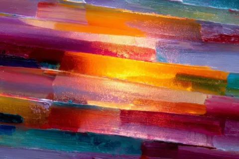 Peinture abstraite connue aux couleurs vives, évoquant un coucher de soleil vibrant. Les coups de pinceau épais créent une texture riche.