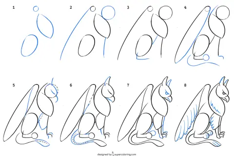 Étapes pour un griffon dessin facile. De simples formes guident la création de cette créature mythique.