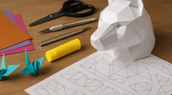 Papier, ciseaux, colle et patron boite paques pour créer une tête de loup géométrique.