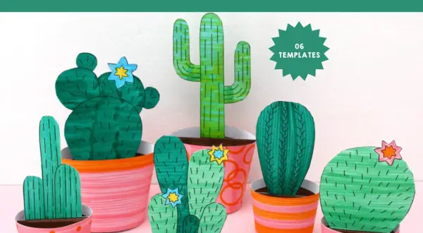 Plusieurs cactus en papier aux formes variées, certains décorés de fleurs, sont présentés dans des pots colorés.