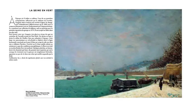 Peinture de Paul Gauguin, "La Seine au pont d'Iéna. Temps de neige". Une scène hivernale de Paris en peinture, avec des bateaux sur une eau verte et un pont au loin.