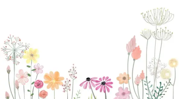 Un charmant dessin fleur facile avec des fleurs aux couleurs pastel et des formes délicates, évoquant un champ fleuri.