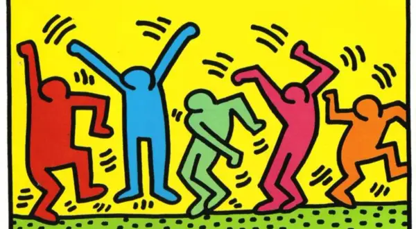 Un artiste bonhomme coloré, avec des silhouettes vives dansant sur un fond jaune.