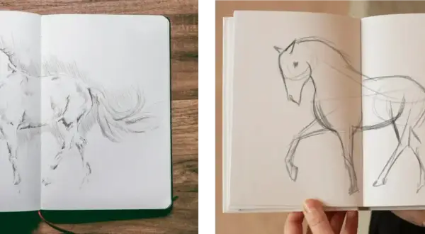 Deux croquis sur le vif de chevaux dans un carnet ouvert. L'un est détaillé, l'autre est une esquisse rapide.