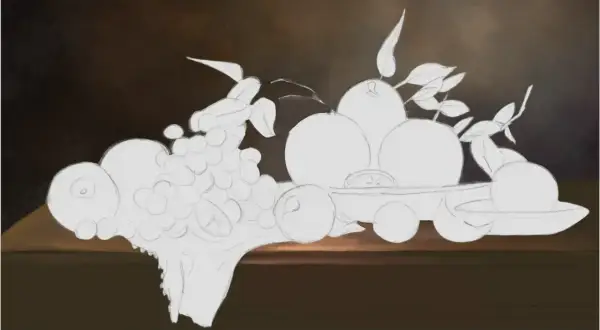 Un dessin nature morte moderne esquisse des fruits sur une table, avec des raisins, des oranges et des feuilles.