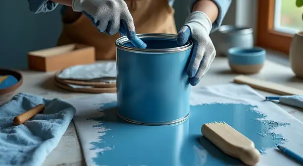 Gants bleus et blancs, mains tenant un pinceau pour mélanger la peinture bleue dans un gros pot. Préparation pour peindre.
