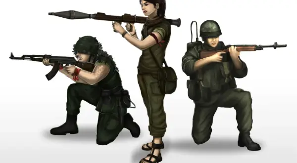 Trois soldats en tenue militaire, un tenant un lance-roquettes, un autre un fusil, et le troisième un fusil d'assaut. Un dessin de guerre facile à faire.