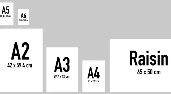 Comparaison des tailles de papier A1, A2, A3, A4, A5, A6, Raisin et Demi raisin, avec leurs dimensions indiquées.