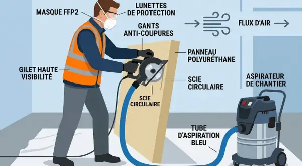 Illustration montrant comment couper du polystyrène avec une scie circulaire, un aspirateur et des équipements de protection.
