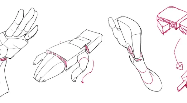 Dessin avec la main, montrant des études anatomiques et des formes géométriques appliquées à la main, avec une touche de couleur rose.