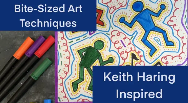 Dessin coloré inspiré par le personnage Keith Haring, avec des formes humaines stylisées et des motifs abstraits.