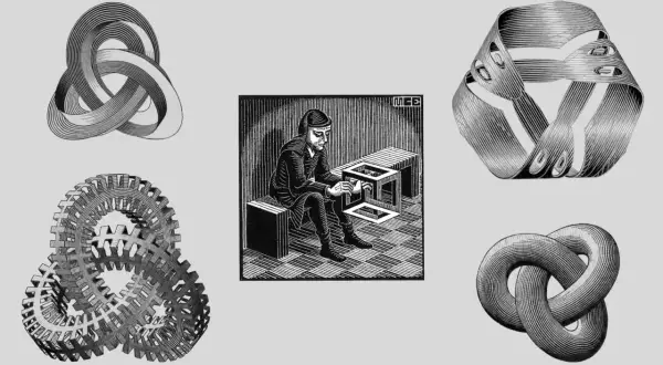 Collage d'œuvres d'art de Maurits Cornelis Escher : un homme crée un cube impossible, des rubans de Möbius, des nœuds et des engrenages entrelacés.