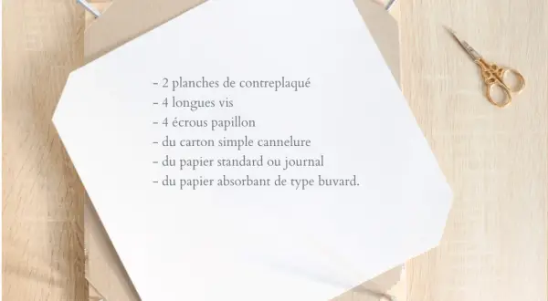 Liste d'éléments pour un projet DIY, incluant du papier absorbant de type buvard pour une utilisation pratique.