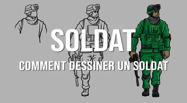Trois étapes pour un soldat dessin facile : esquisse, croquis détaillé, puis coloriage.