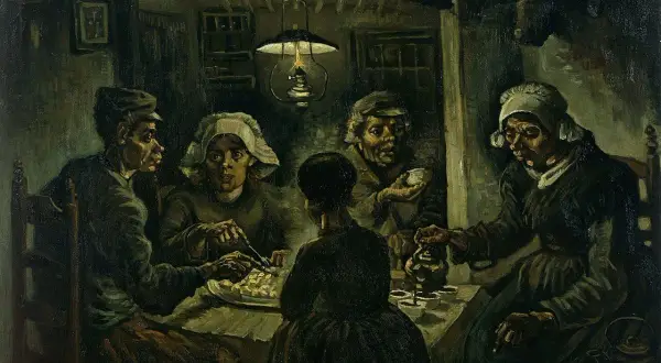 Ce tableau de Van Gogh, "Les Mangeurs de pommes de terre", dépeint une famille paysanne partageant un repas simple à la lueur d'une lampe.