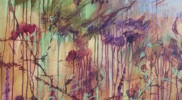 Peinture en relief technique, évoquant une forêt pluvieuse aux couleurs vives et aux textures riches.