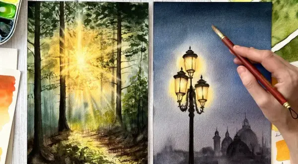 Deux aquarelles : un sentier forestier baigné de soleil et un lampadaire illuminant une ville brumeuse. Beaux paysages à peindre.
