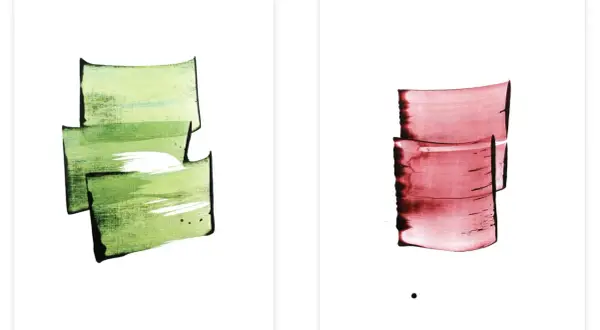 Deux œuvres d'art abstrait minimaliste : une avec des formes vertes texturées, l'autre avec des formes rouges.