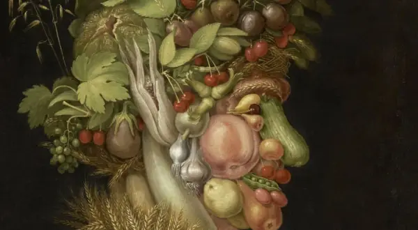 Portrait composé d'une tête humaine formée de fruits, légumes et fleurs, une des célèbres œuvres d'art de Giuseppe Arcimboldo.