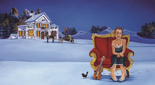 Une femme attend sur un fauteuil rouge, violon à ses côtés, devant une maison enneigée. Œuvre d'un artiste italien contemporain.