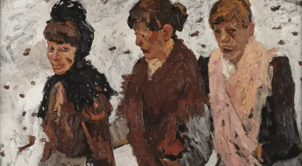 Trois femmes, peintes dans un style expressif rappelant un peintre hollandais contemporain, avancent ensemble sur un fond texturé.