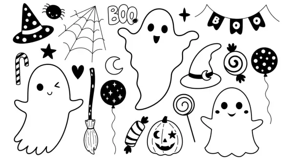 Ensemble d'éléments d'Halloween : fantômes, chapeaux de sorcière, bonbons, citrouille, balai, araignée, toile d'araignée. Parfait pour un dessin à faire soi même.