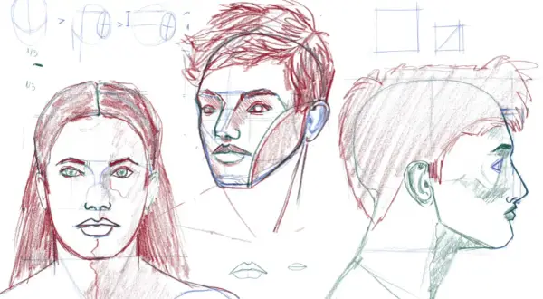 Étude de portrait au fusain : visages masculins et féminins, vues de face et de profil, avec des annotations anatomiques.
