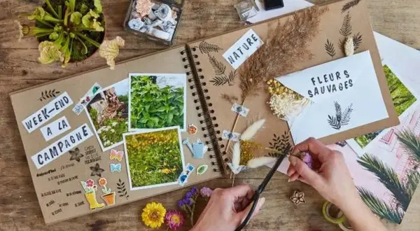 Un carnet de voyages en cours de création, orné de photos de nature, de fleurs séchées et d'autocollants. Une main coupe des brins d'herbe pour décorer.