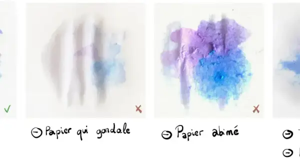 Comparaison de taches d'aquarelle sur différents papiers. Le premier, avec un grammage papier aquarelle idéal, est net. Les autres montrent des défauts.