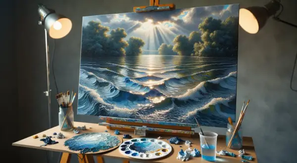 Un artiste s'applique à peindre l'eau et les reflets du soleil sur des vagues tumultueuses, entouré de ses outils.