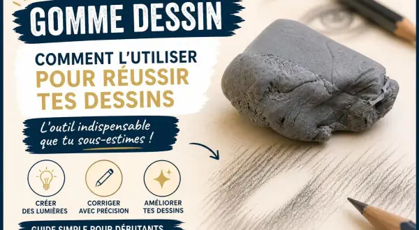 Gomme à dessin grise, prête à corriger et améliorer tes dessins. Apprends comment nettoyer une gomme pour des traits parfaits.