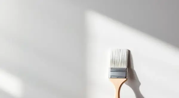 Pinceau neuf prêt à appliquer une peinture pour plastique sur une surface blanche, avec des ombres douces projetées par la lumière.