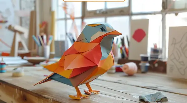 Un oiseau coloré en deco en papier, aux formes géométriques, est posé sur un établi. L'arrière-plan montre un atelier d'artiste.