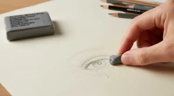 Une main utilise une gomme mie de pain pour estomper un dessin d'œil au crayon.