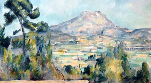 Peinture impressionniste d'un paysage de Provence, avec le Mont Sainte-Victoire en arrière-plan, des pins imposants au premier plan et une vallée verdoyante.