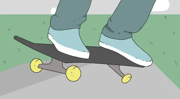 Un dessin skate facile : des jambes en jean bleu et des baskets bleues sur une planche de skate grise avec des roues jaunes, sur un trottoir gris et de l'herbe verte.
