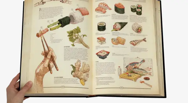 Un livre ouvert, format plus grand que A4, illustre la préparation des sushis avec des dessins détaillés de poisson, riz, wasabi et gingembre.