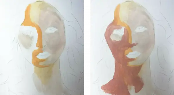 Portrait à l'huile en cours de création, montrant une moitié du visage avec des tons ocres et l'autre moitié avec des tons rosés.