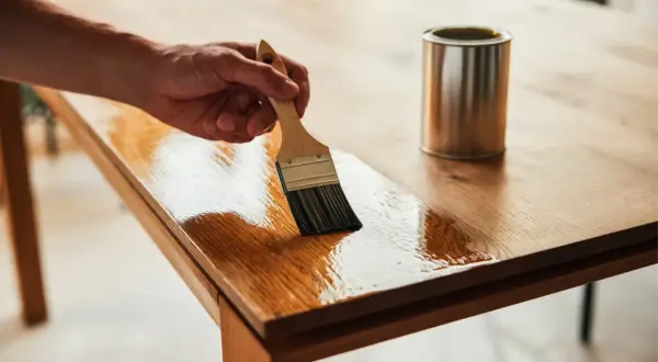 Application d'un vernis sur une peinture bois pour la protéger. La surface en bois est brillante et humide.