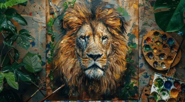 Portrait saisissant d'un lion, œuvre d'un peintre animalier contemporain. Palette et plantes vertes entourent la toile.