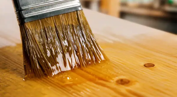 Un pinceau applique du vernis sur une planche de bois. Le vernis brillant reflète la lumière. Quel pinceau pour vernis bois ?