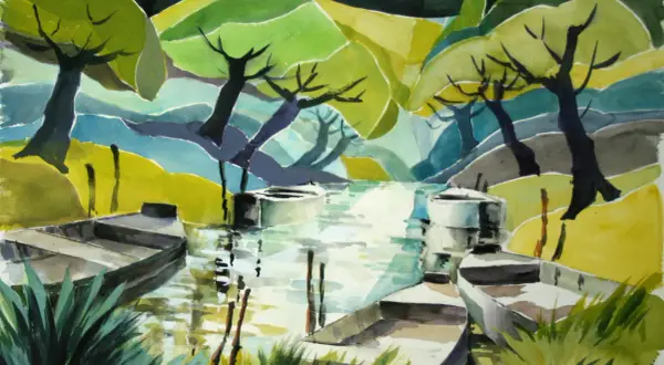 Vue d'un paysage fluvial stylisé, avec des bateaux amarrés. L'œuvre évoque un peintre paysagiste contemporain par ses formes géométriques et ses couleurs vives.