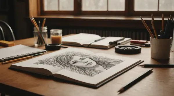 Un carnet ouvert présente un portrait au crayon d'une jeune femme. Des crayons et d'autres fournitures d'art sont disposés sur la table, suggérant le choix du **quel papier pour dessiner au crayon**.