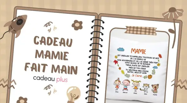 Cadeau pour mamie à fabriquer facile : un coussin personnalisé avec des dessins d'enfants et un poème tendre.