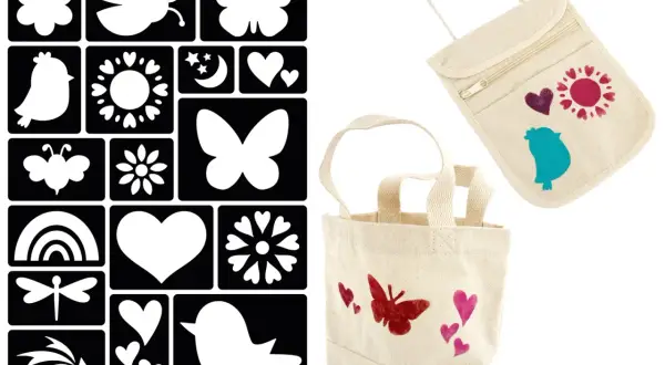 Ensemble de pochoirs pour décorer sacs et pochettes. Apprenez comment faire un pochoir pour créer des motifs personnalisés : papillons, oiseaux, cœurs, etc.
